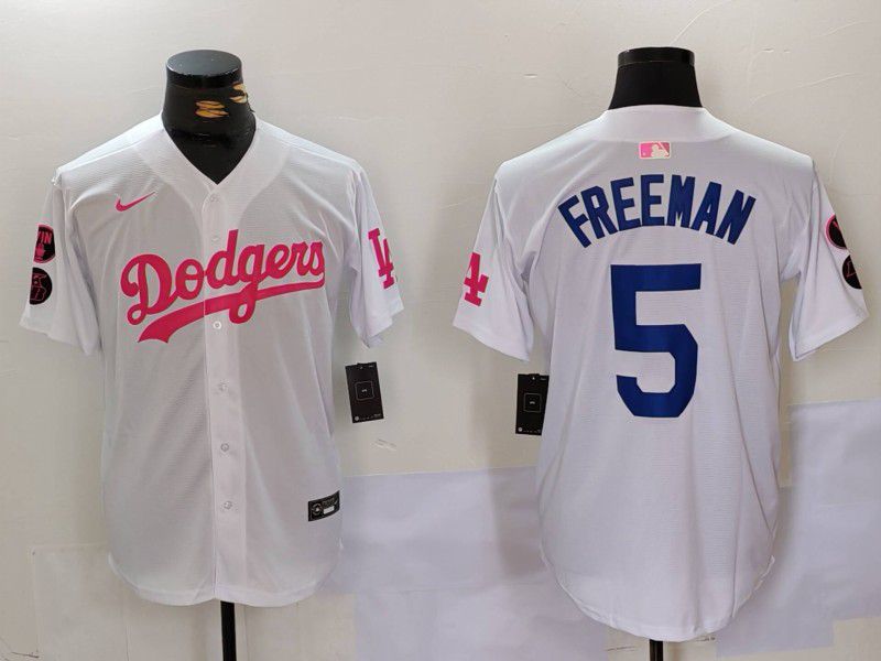 Men Los Angeles Dodgers 5 Freeman White pink joint name 2024 Nike MLB Jersey style 3